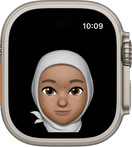 Die App „Memoji“ auf der Apple Watch mit einem Gesicht.