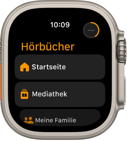 Die App „Hörbücher“ mit den Tasten „Home“, „Mediathek“ und „Meine Familie“.