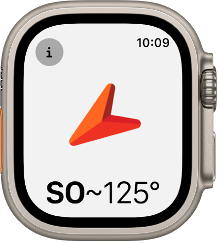 Die App „Kompass“ mit einem großen Pfeil, der in die darunter angezeigte Richtung weist. Die Taste „Info“ befindet sich oben links.