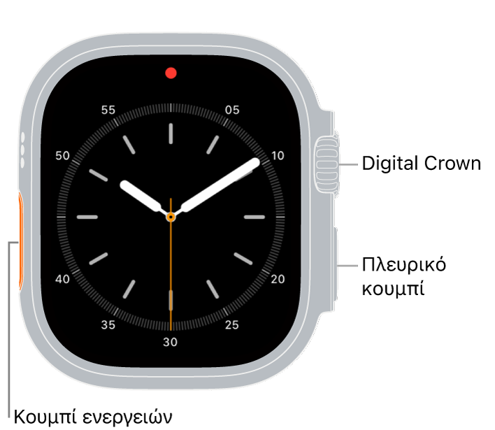 Η πρόσοψη του Apple Watch Ultra, με την πρόσοψη ρολογιού ορατή στην οθόνη και το Digital Crown, το μικρόφωνο και το πλευρικό κουμπί από πάνω προς τα κάτω στο πλάι του ρολογιού.