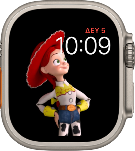 Η πρόσοψη ρολογιού «Τόι Στόρι» όπου φαίνονται η ημέρα, η ημερομηνία και η ώρα πάνω δεξιά και μια κινούμενη Τζέσυ στο αριστερό τμήμα της οθόνης.