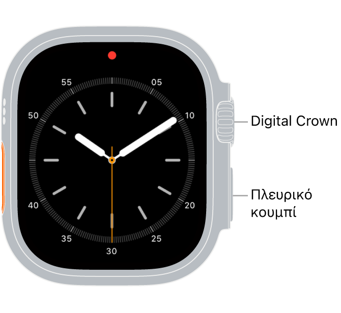 Η πρόσοψη του Apple Watch Ultra, με το Digital Crown στο πάνω μέρος στη δεξιά πλευρά του ρολογιού, και το πλευρικό κουμπί κάτω δεξιά.
