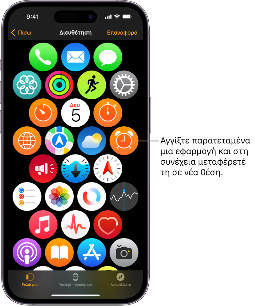 Η οθόνη «Διευθέτηση» στην εφαρμογή Apple Watch όπου εμφανίζεται ένα πλέγμα εικονιδίων.