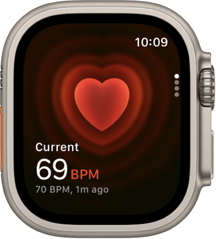 The Heart Rate app, with your current heart rate showing in the bottom left, and your last reading in smaller type below that.