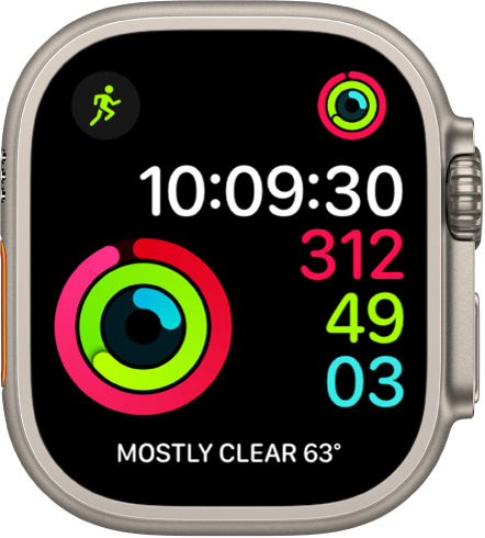 Activity Digital watch face showing the time as well as Move, Exercise, and Stand goal progress. There are also three complications: Workout at the top left, Activity at the top right, and the Weather Conditions complication at the bottom.