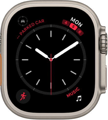 The Simple watch face, where you can adjust the color of the second hand and adjust the numbering and detail of the dial. There are four complications shown: Parked Car Waypoint at the top left, Calendar at the top right, Workout at the bottom left, and Music at the bottom right.