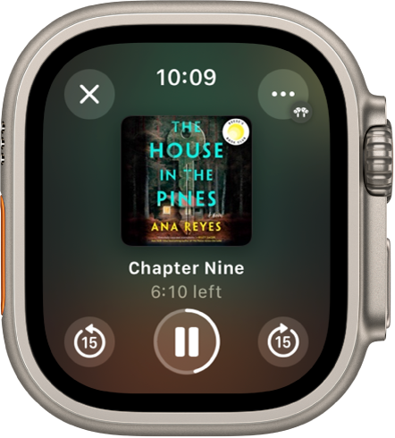 The Play screen for an audiobook. The Close button is at the top left, the More button at the top right, the skip back 15 seconds button at the bottom left, the Play/Pause button at the bottom middle, and the skip ahead 15 seconds button at the bottom right. In the middle is the book art, chapter number, and remaining time in the chapter.