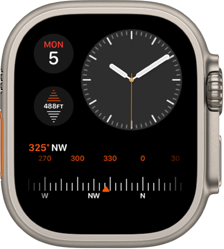 The Modular Compact watch face showing an analog clock near the top right, the day and date at the top left, and two complications: Elevation at the middle left, and Compass at the bottom.