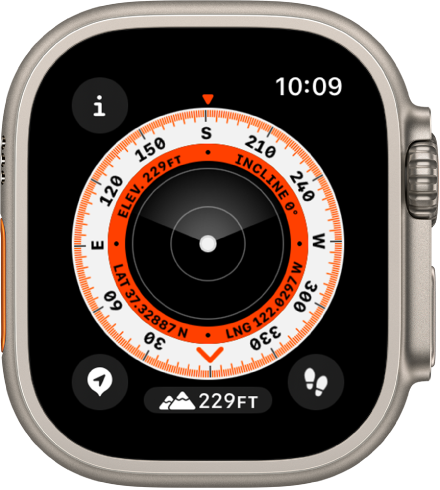 The Compass app showing a dial with elevation, incline, and coordinates in the inner ring. The outer ring shows the compass bearing in degrees. The Info button is at the top left, the Waypoints button is at the bottom left, the Elevation button is at the middle bottom, and the Backtrack button is at the bottom right.