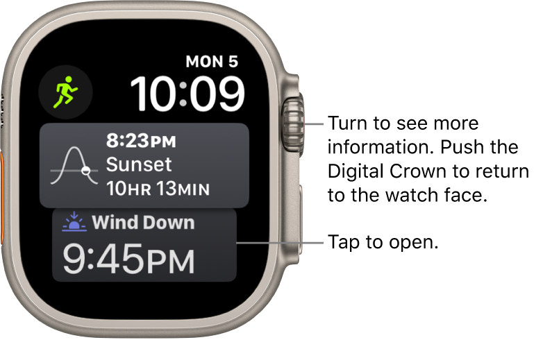 The Siri watch face showing the date and time at the top right. A Moon Phase complication is at the top left. Below is the Sunrise/Sunset complication. At the bottom is the Sleep complication.