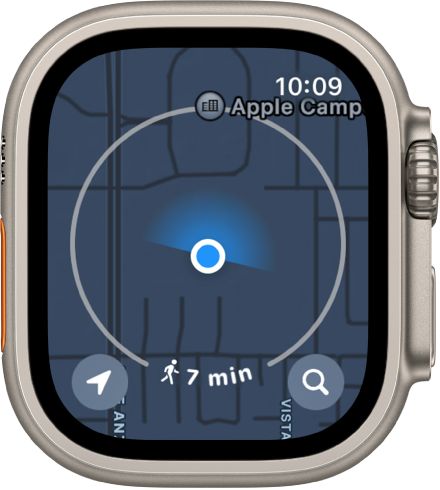 The Maps app with a circle around the current location, representing a seven-minute walking radius. A Location button is at the bottom left and a Search button is at the bottom right.
