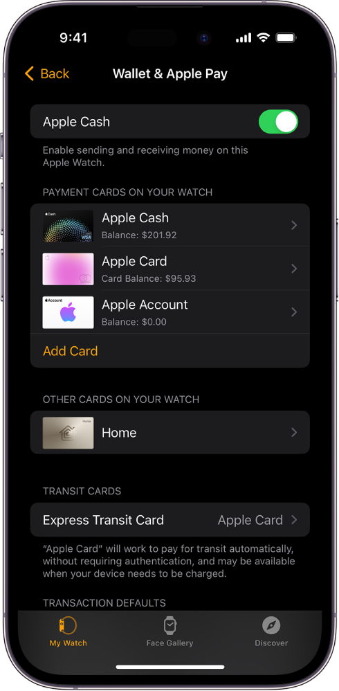 The Wallet & Apple Pay screen in the Apple Watch app on iPhone. The screen shows cards added to Apple Watch, and the card you’ve chosen to use for express transit.