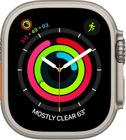 Activity Analog watch face showing the time as well as Move, Exercise, and Stand goal progress. There are also three complications: Activity at the top left, Workout at the top right, and Weather Conditions at the bottom.