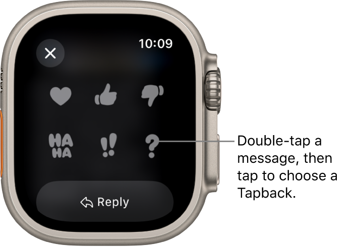 A Messages conversation with Tapback options: heart, thumbs up, thumbs down, Ha Ha, !!, and ?. A Reply button is below.