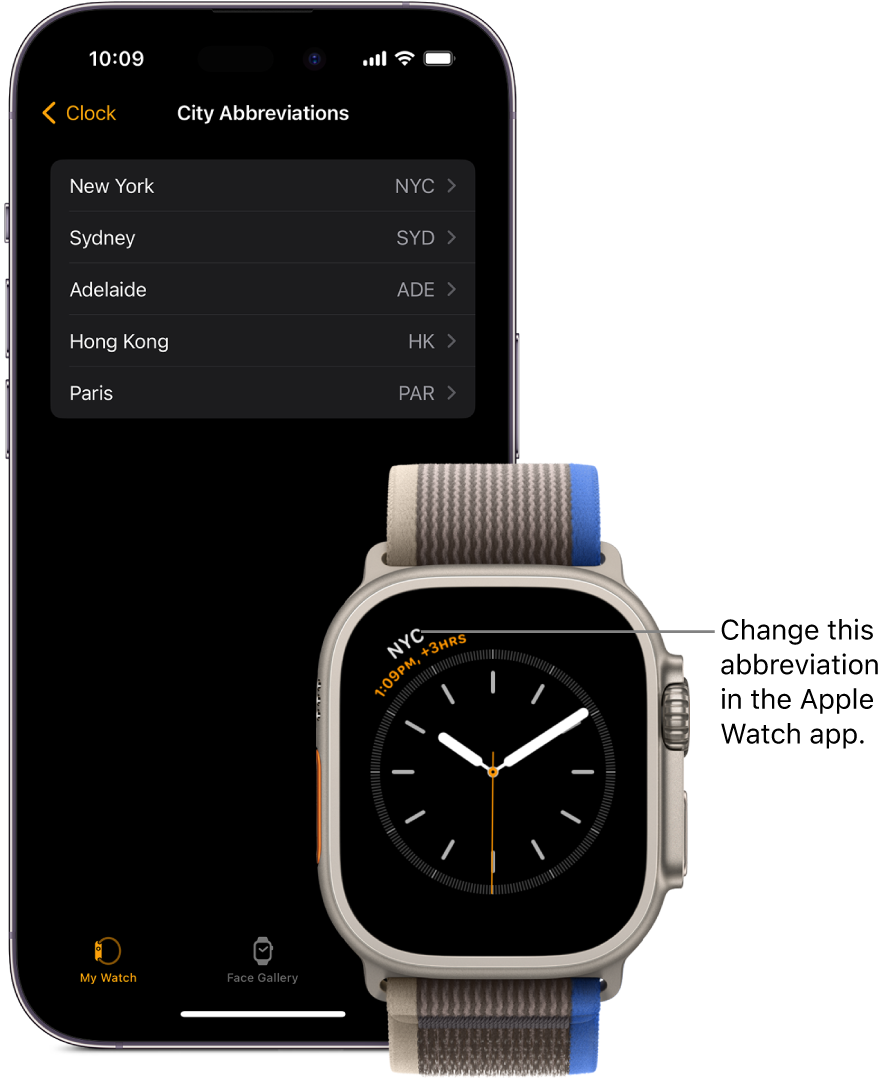 An iPhone and Apple Watch, side by side. The Apple Watch screen shows the time in New York City, using the abbreviation NYC. The iPhone screen shows the list of cities in Clock settings in the Apple Watch app.