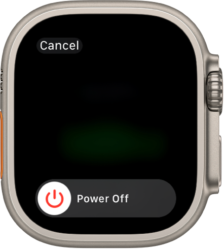 The Apple Watch screen showing the Power Off slider. Drag the slider to turn off Apple Watch.