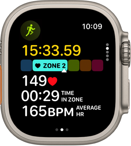 A running workout in progress shows the workout’s elapsed time, the zone you’re currently in, heart rate, time in zone, and average heart rate.