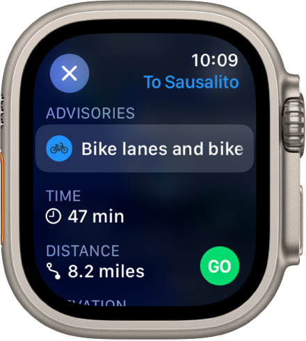 The Maps app showing details for a cycling journey. Advisories about the route appear near the top, and the time and distance to the destination appear below that. A Go button is at the bottom right.