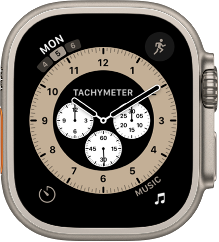 The Chronograph watch face, where you can adjust the face color and details of the dial. It shows four complications: Calendar at the top left, Workout at the top right, Timers at the bottom left, and Music at the bottom right.