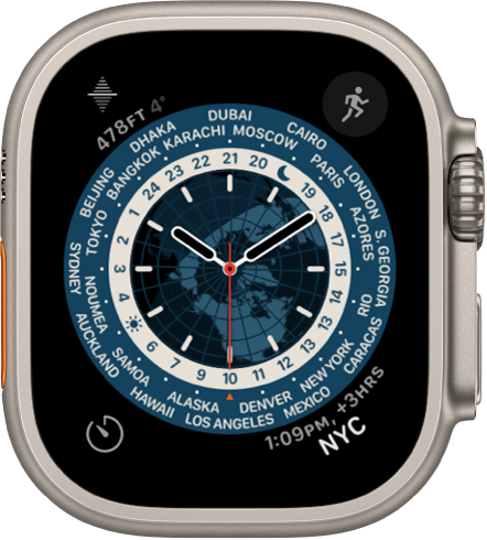 The World Time watch face showing an analog clock. In the middle is a map of the globe, showing day and night. Numbers and city names appear around the dial, indicating the time in each location. There are complications in each corner: Elevation at the top left, Workout at the top right, Timers at the bottom left, and World Clock at the bottom right.
