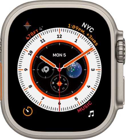 The Wayfinder watch face showing the Elevation complication at the top left, World Clock at the top right, Timers at the bottom left, and Music at the bottom right. There are four complications near the middle of the watch face—Date at the top, Earth at the right, Compass at the bottom, and Compass Waypoints at the left.