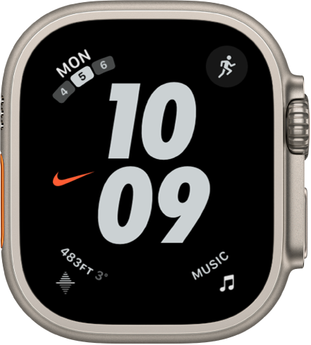 The Nike Hybrid watch face with large numerals showing the time in the middle. There are four complications shown: Calendar is at the top left, Workout is at the top right, Parked Car Elevation is at the bottom left, and Music is at the bottom right.
