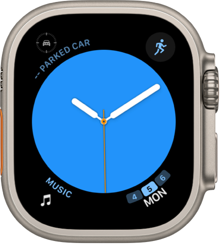 The Color watch face, where you can adjust the color of the watch face. It shows four complications: Parked Car Waypoint at the top left, Workout at the top right, Music at the bottom left, and Calendar at the bottom right.