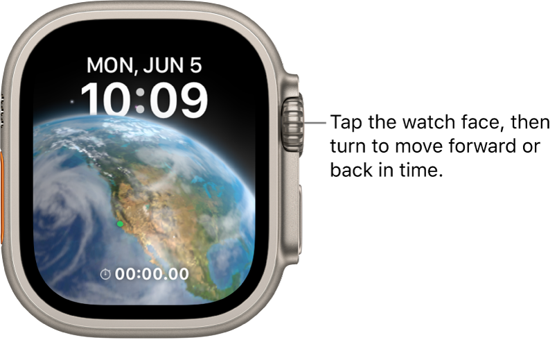 The Astronomy watch face, which displays the day, date, and current time. A timer complication is at the bottom. Tap the watch face, then turn the Digital Crown to move forward or back in time.