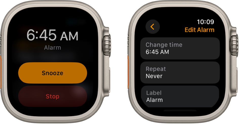 Two watch screens: One shows a watch face with Snooze and Stop buttons, and the other shows the Edit Alarm settings, with Change time, Repeat, and Label buttons below. A Snooze switch is at the bottom. The Snooze switch is turned off.