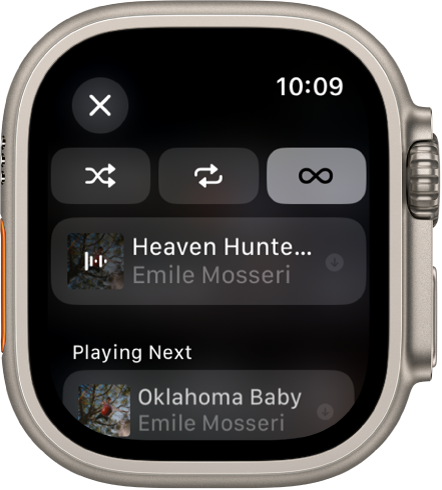 The tracklist window showing Shuffle, Repeat, and Auto Play buttons at the top, and one track directly below. Near the bottom, another track appears below Playing Next. A Close button is at the top left.