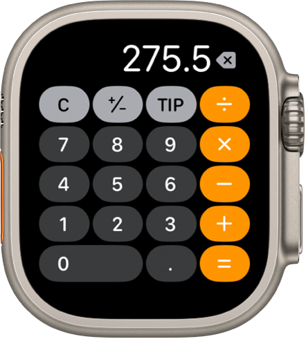 Apple Watch showing the Calculator app. The screen shows a typical number pad with math functions on the right. Along the top are C, plus or minus, and tip buttons.