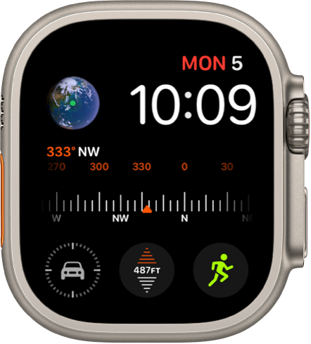 Modular watch face showing the date and time at the top right, and six complications: Earth at the top left, Compass in the middle, and Parked Car, Elevation, and Workout along the bottom.