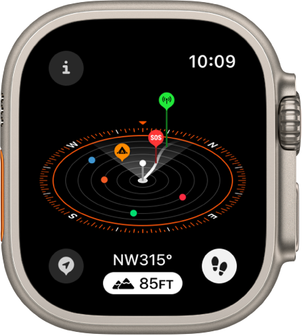 The Compass app showing the Elevation view. Several waypoints appear on a tilted dial. SOS and Cellular waypoints are clearly marked. A white post indicates the current elevation, which is taller than the other waypoints on the dial. The Info button is at the top left, the Waypoints button is at the bottom left, the Elevation button is at the middle bottom, and the Backtrack button is at the bottom right.