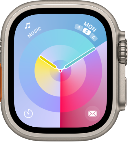 Palette watch face showing an analog clock in the middle and four complications: Music at the top left, Calendar at the top right, Timer at the bottom left, and Mail at the bottom right.