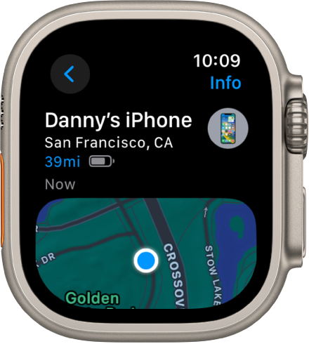 The Find My Devices app showing the location of an iPhone. The name of the device is at the top, with the location, distance, current battery charge, and the last time the device responded below. The lower half of the screen shows a map with a dot indicating the device’s approximate location. A Back button is at the top left.