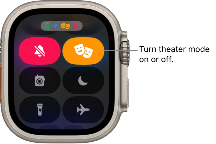 Control Center with theater mode and silent mode buttons highlighted to show theater mode is on.