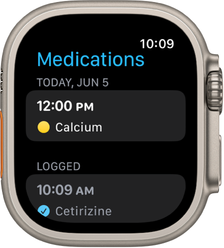 The Medications screen showing a medication to be taken at noon and a logged medication.