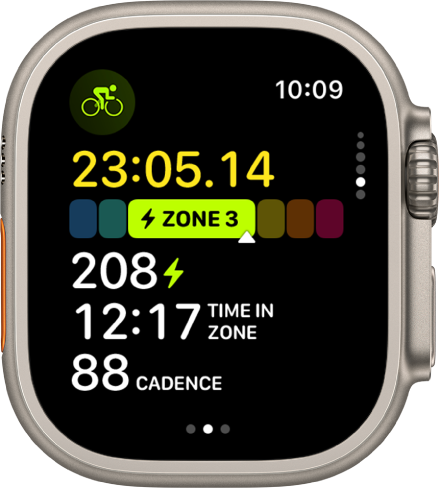 A cycling workout in progress shows the workout’s elapsed time, the zone you’re currently in, FTP, time in zone, and cadence.