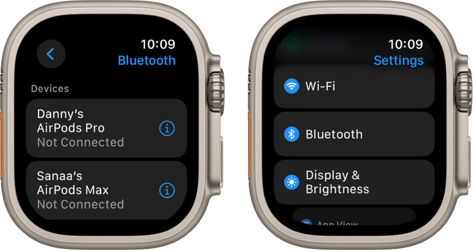 Two screens side by side. On the left is a screen that lists two available Bluetooth devices: AirPods Pro and AirPods Max, neither of which are connected. On the right is the Settings screen, showing Wi-Fi, Bluetooth, and Display & Brightness buttons in a list.