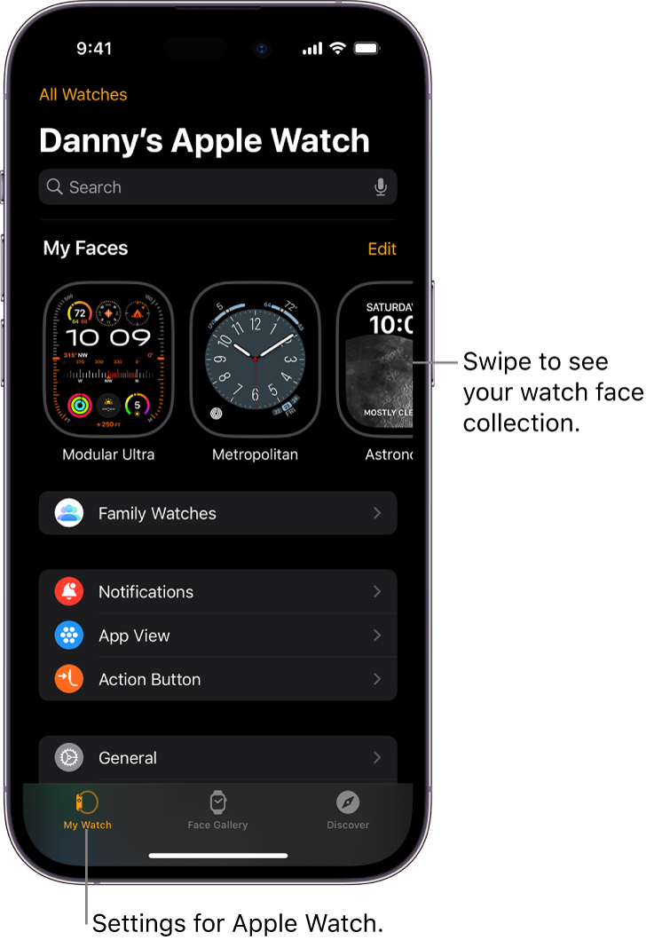 The Apple Watch app on iPhone open to the My Watch screen, which shows your watch faces near the top, and settings below. There are three tabs at the bottom of the Apple Watch app screen: the left tab is My Watch, where you go for Apple Watch settings; next is the Face Gallery, where you can explore available watch faces and complications; then Discover, where you can learn more about Apple Watch.