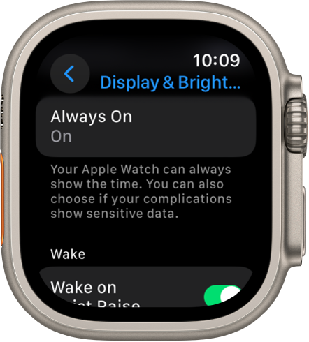 The Display & Brightness screen showing the Always On button.