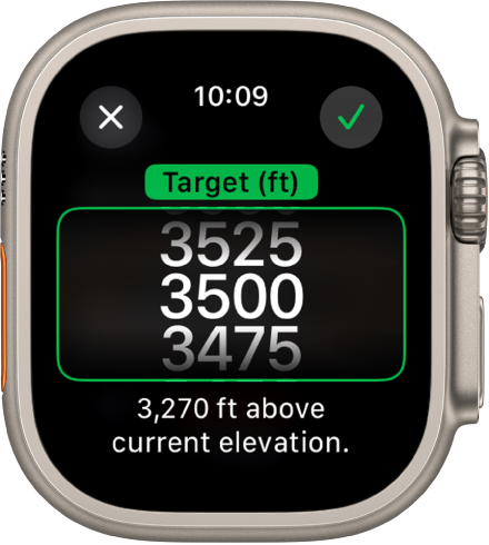 The Compass app showing the Target Elevation screen. A scrolling list of elevations appears in the middle of the screen. A scrolling list of elevations appears in the middle of the screen. Below the list is an indication of how far the selected elevation is above or below your current elevation. At the top are Close and Check buttons.