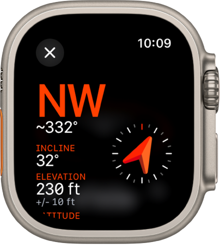 The Compass app showing the Info screen. The bearing appears at the middle left with compass bearing (northwest) and degrees (332 degrees). Current incline and elevation are shown below. A compass indicator is on the right. A close button is at the top left.
