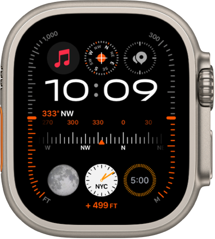 Modular Ultra watch face showing elevation on the left and right (feet on the left and meters on the right), Music, Compass, and Compass Waypoints complications along the top, a digital clock below, a Compass Heading complication in the middle, and the Moon Phase, World Time, and Timers complications near the bottom. At the very bottom is the current elevation.