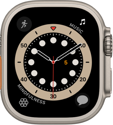 The Count Up watch face. It shows four complications: Workout at the top left, Music at the top right, Mindfulness at the bottom left, and Messages at the bottom right.