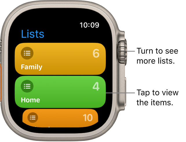 The Reminders app’s Lists screen showing two list buttons—Family and Home. Numbers at the right tell you how many reminders are in each list. Tap a list to view the items in it, or turn the Digital Crown to see more lists.