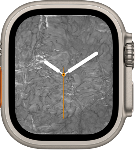 The Liquid Metal watch face showing an analog clock in the middle and liquid metal around it.