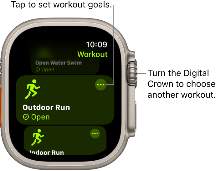 The Workout screen with the Outdoor Run workout highlighted. A More button is at the top right of the workout tile.