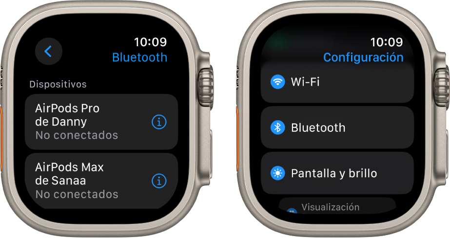Dos pantallas lado a lado. En la izquierda hay una pantalla que muestra dos dispositivos Bluetooth disponibles: AirPods Pro y AirPods Max, y ninguno está conectado. A la derecha se encuentra la pantalla Configuración mostrando en una lista los botones Wi-Fi, Bluetooth y Pantalla y brillo.