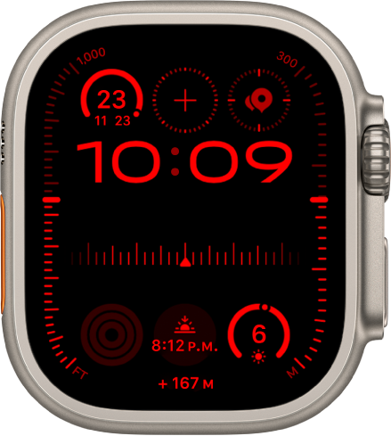 La carátula Modular (Ultra) en el Apple Watch Ultra con la pantalla de visión nocturna.